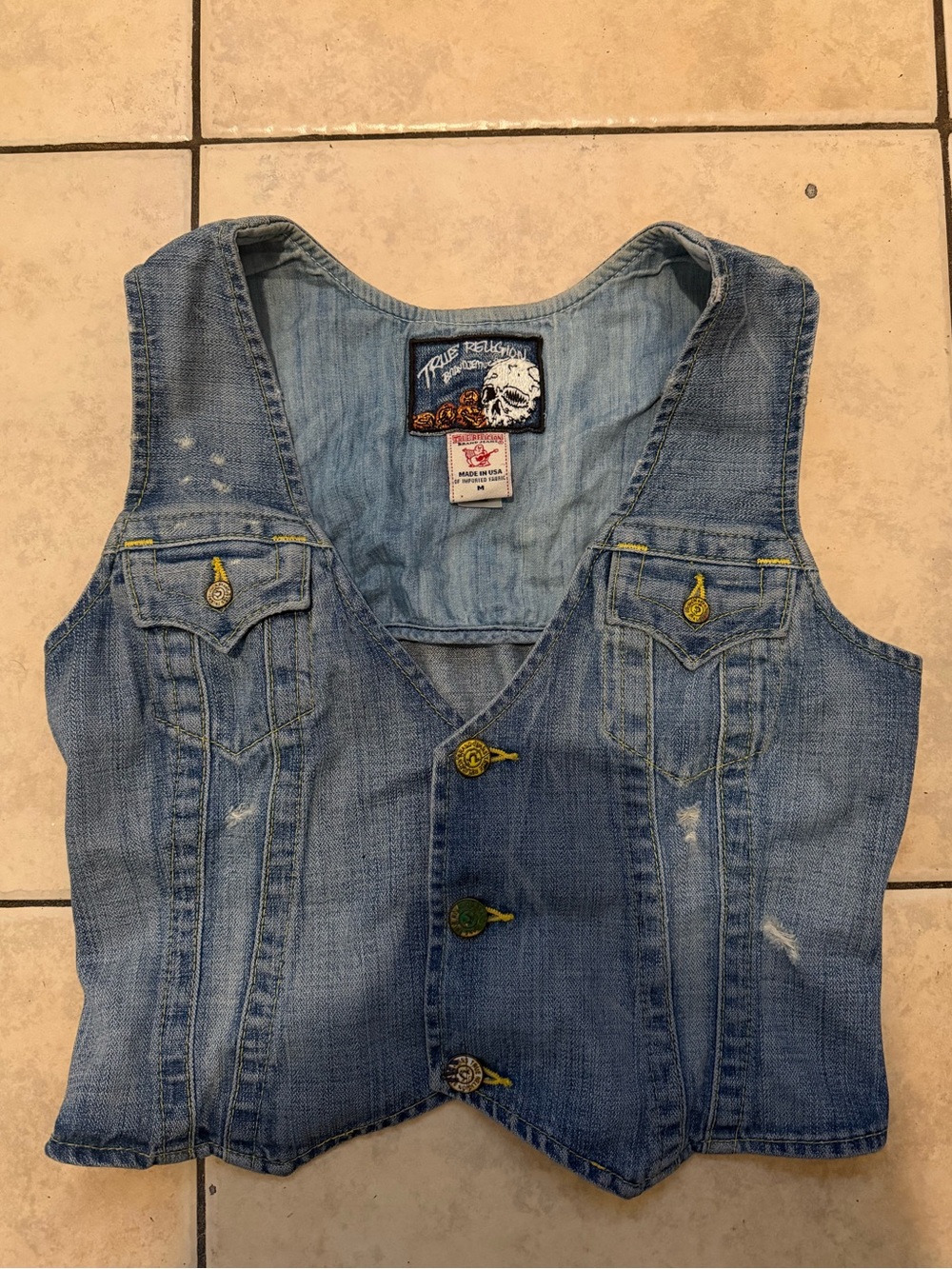 True Religion Blue Women’s denim vest with a grunge distress vibe